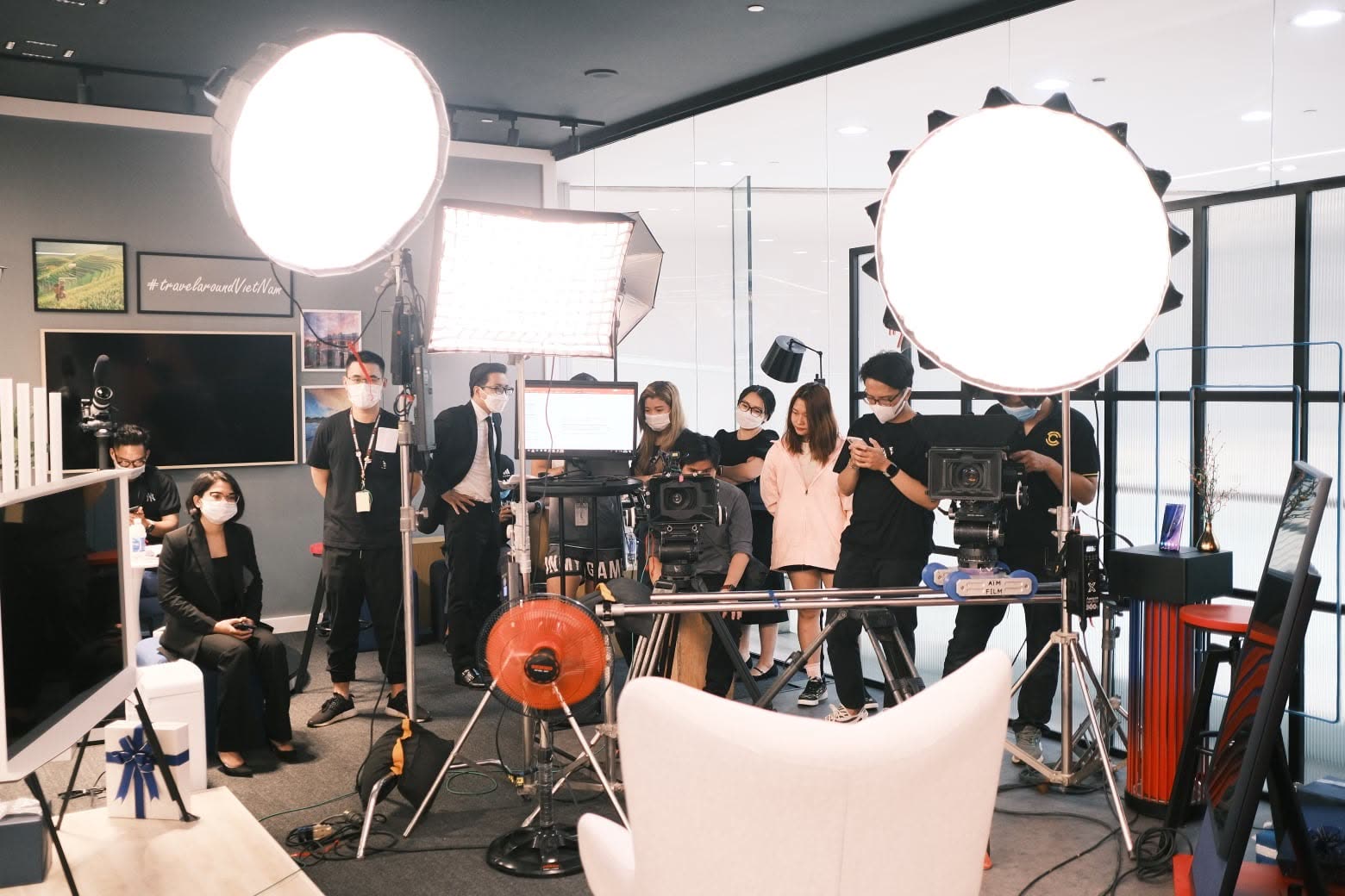 Line45 crew shooting in a studio with large soft lights